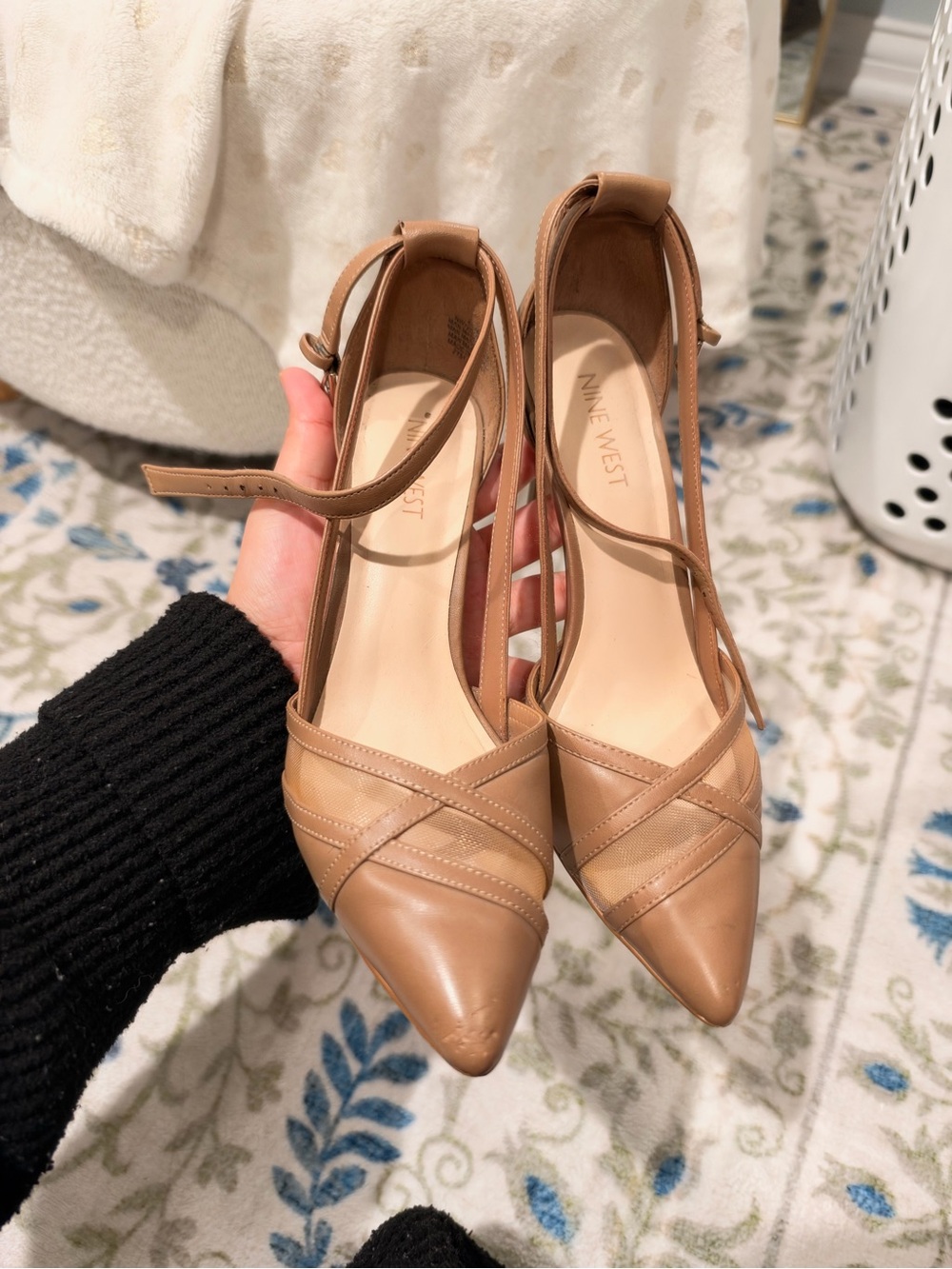 Nine West Nude/Tan Pointed-Toe Crisscross Ankle-Strap Pumps